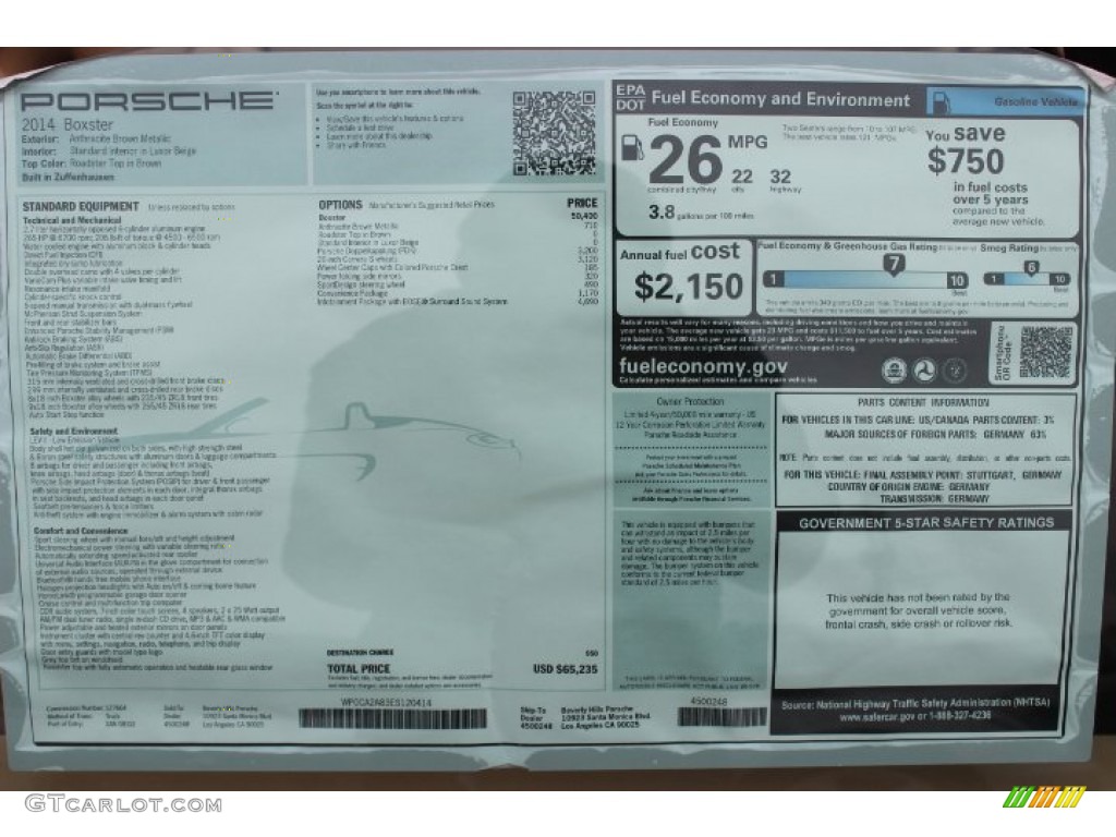 2014 Porsche Boxster Standard Boxster Model Window Sticker Photo #88756218