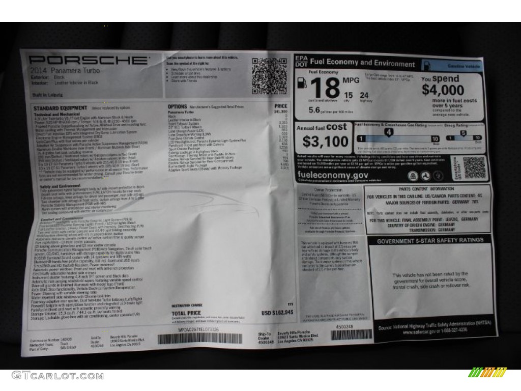 2014 Porsche Panamera Turbo Window Sticker Photo #88758993