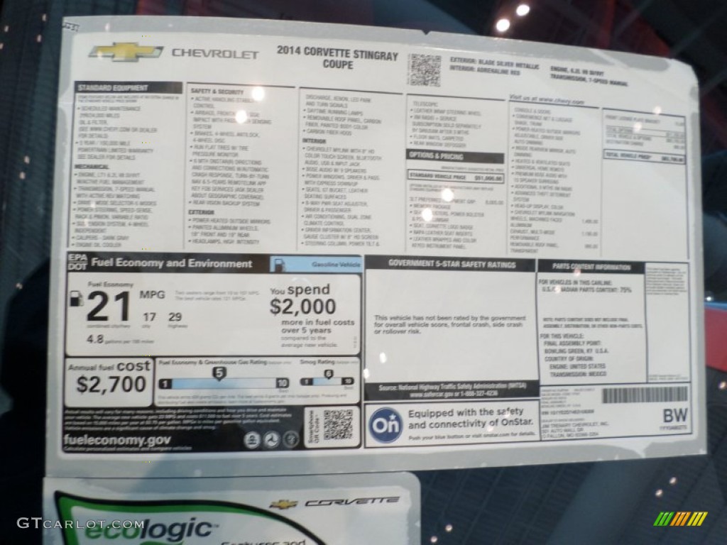 2014 Chevrolet Corvette Stingray Coupe Window Sticker Photo #88786945