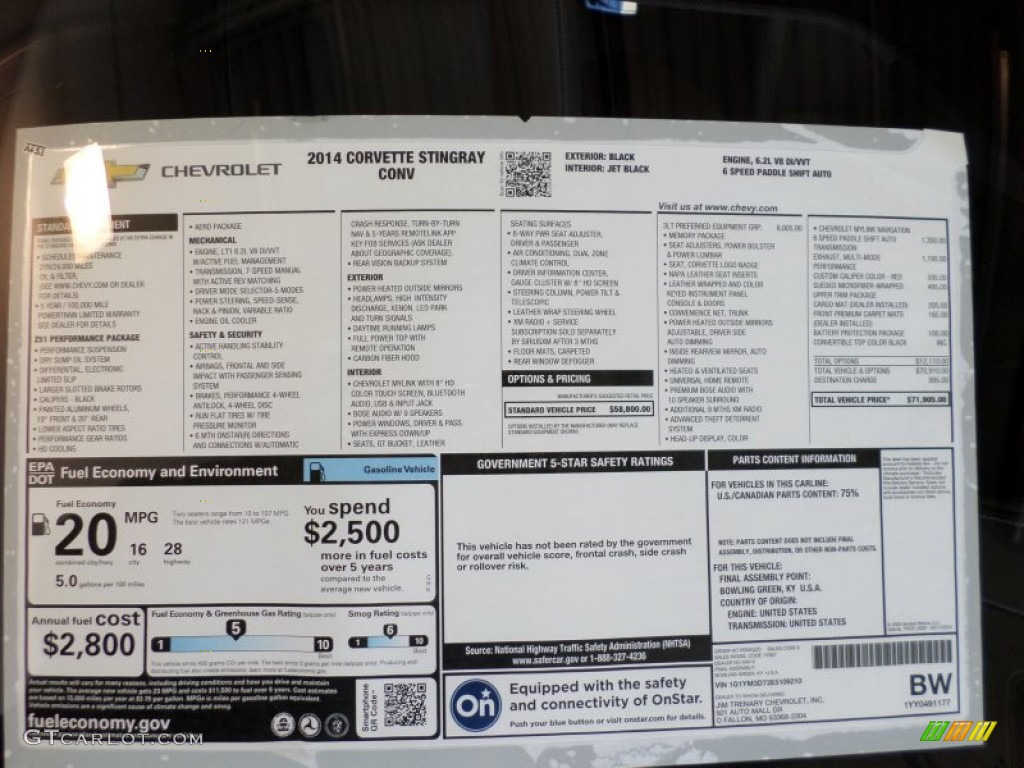 2014 Chevrolet Corvette Stingray Convertible Z51 Window Sticker Photo #88787384