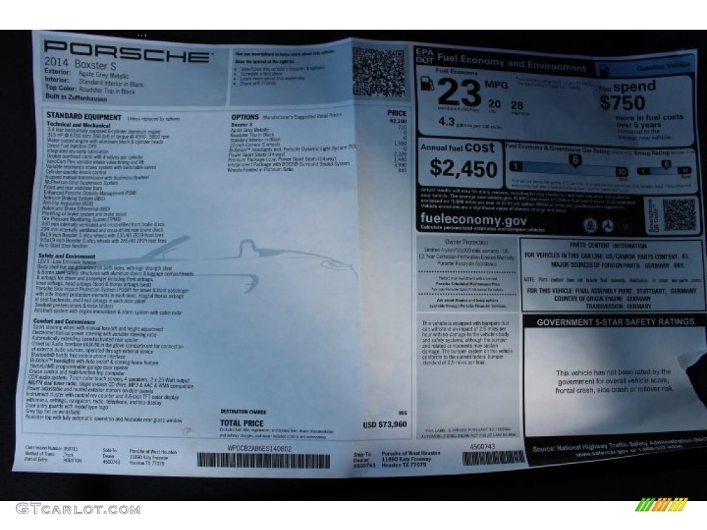 2014 Porsche Boxster S Window Sticker Photo #88975486