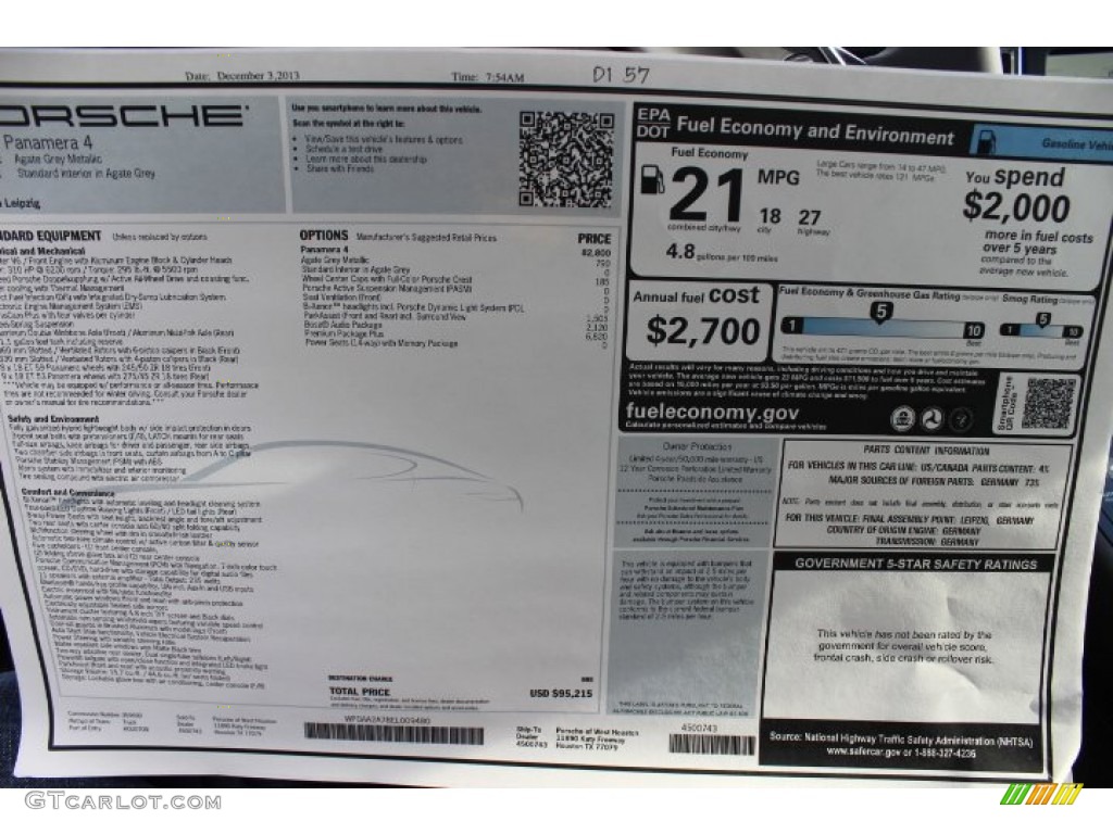 2014 Porsche Panamera 4 Window Sticker Photo #88976404