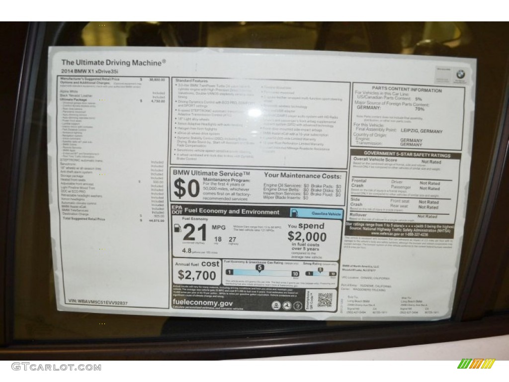2014 BMW X1 xDrive35i Window Sticker Photo #88981012