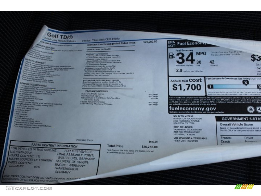 2014 Volkswagen Golf TDI 4 Door Window Sticker Photo #88982104