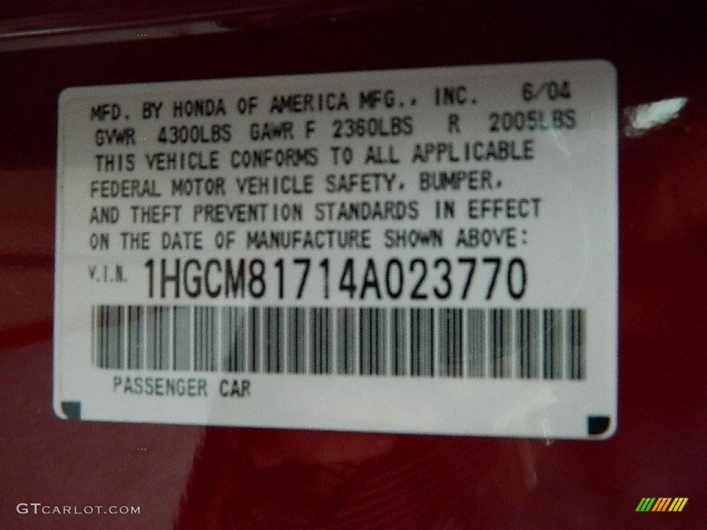 2004 Accord EX-L Coupe - San Marino Red Pearl / Ivory photo #21