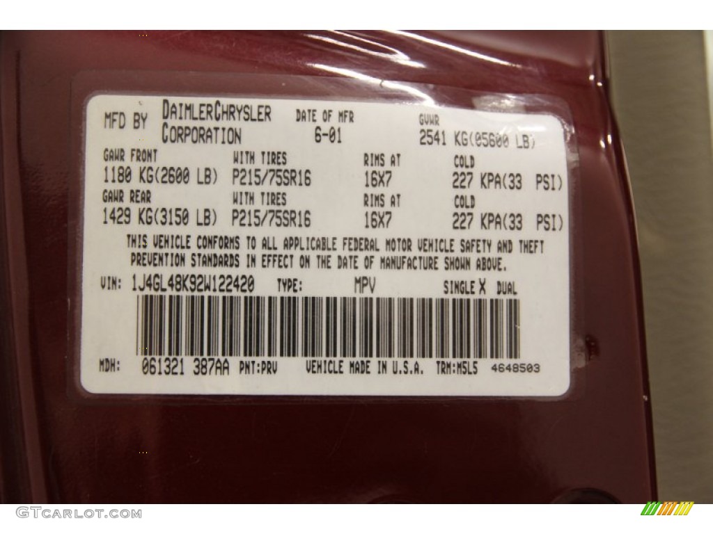 2002 Liberty Color Code PRV for Dark Garnet Red Pearlcoat Photo #89035068