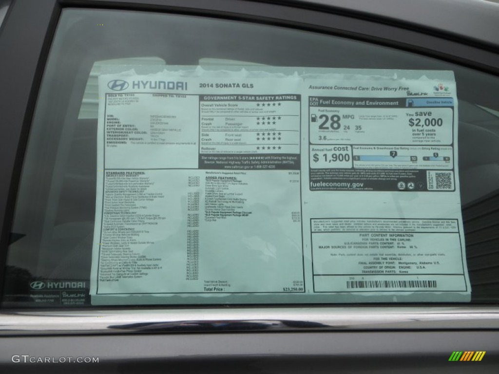2014 Sonata GLS - Harbor Gray Metallic / Gray photo #34
