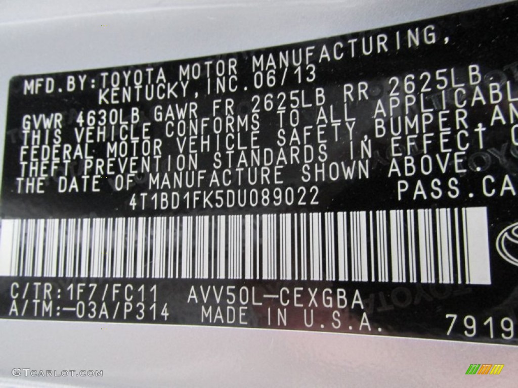 2013 Camry Color Code 1F7 for Classic Silver Metallic Photo #89133461