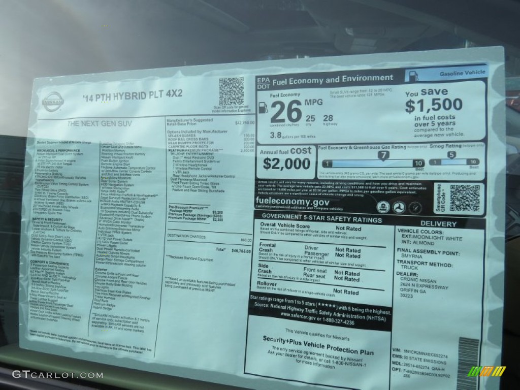 2014 Nissan Pathfinder Hybrid Platinum Window Sticker Photo #89184100