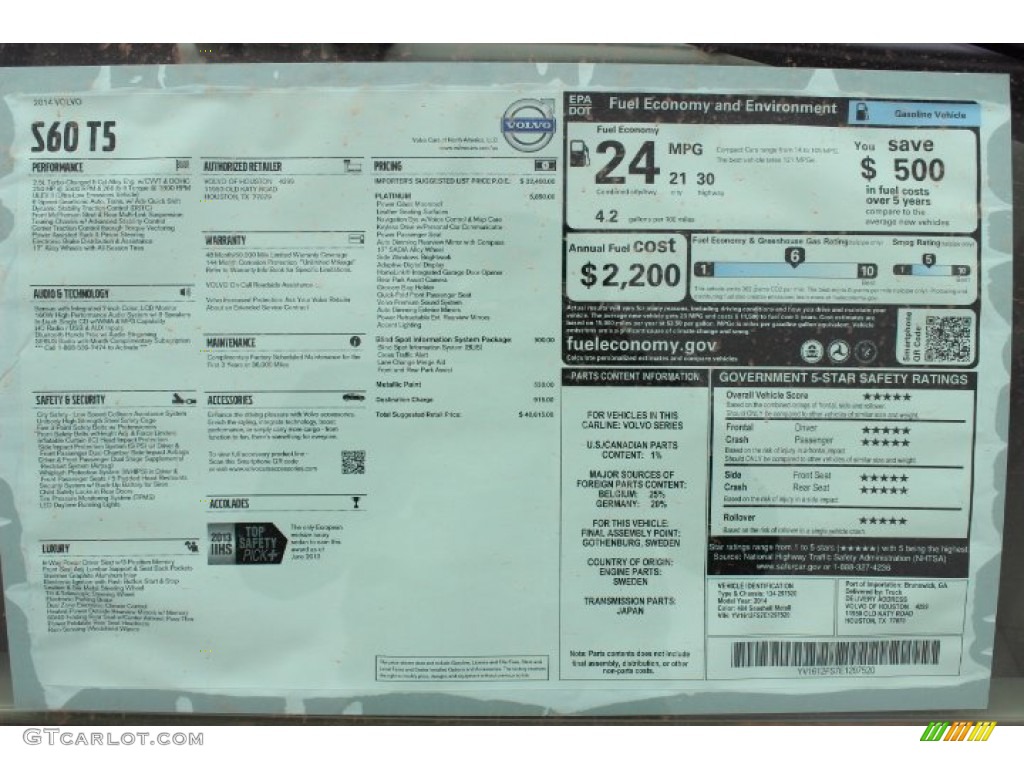 2014 Volvo S60 T5 Window Sticker Photo #89236813