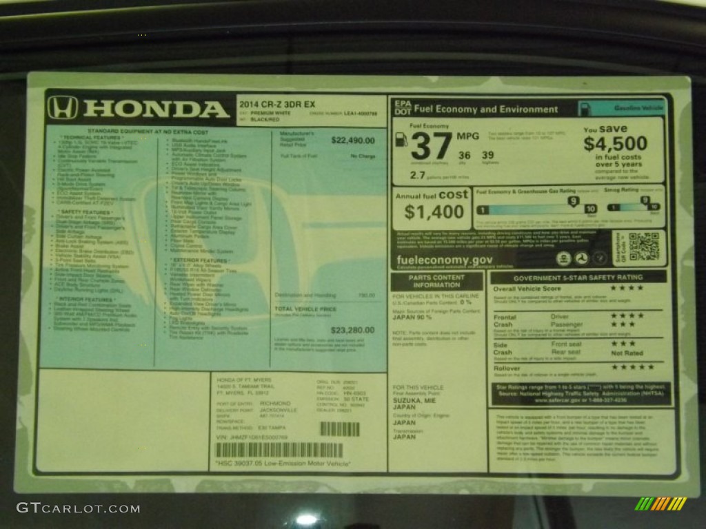 2014 Honda CR-Z EX Hybrid Window Sticker Photo #89255432