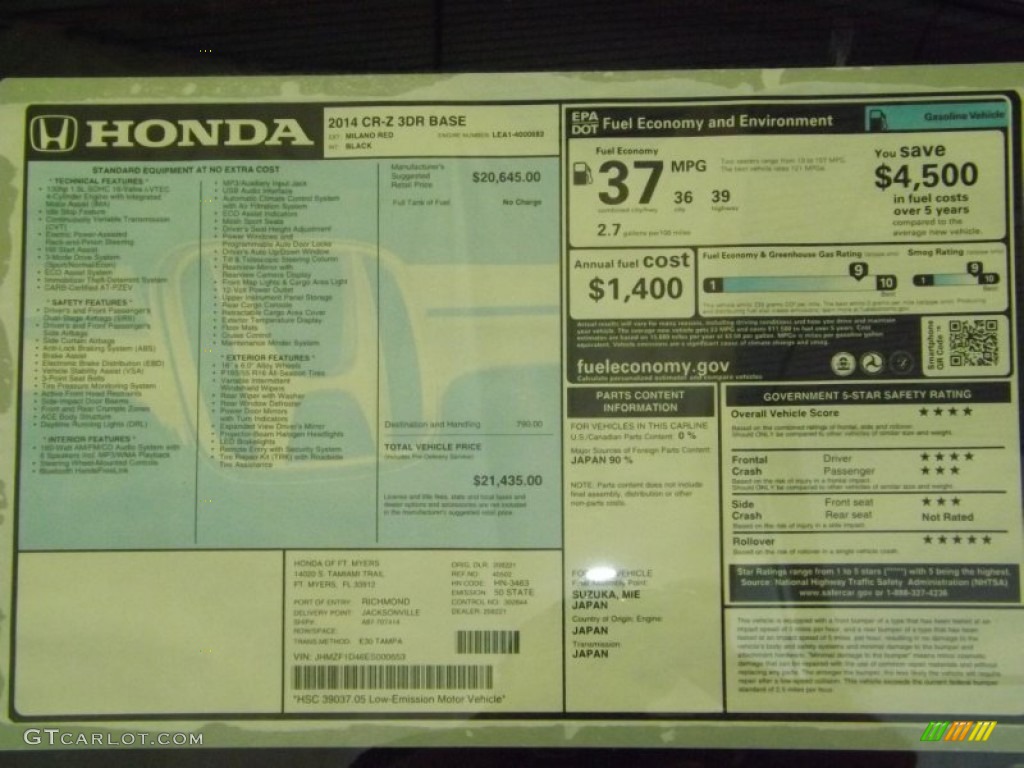 2014 Honda CR-Z Hybrid Window Sticker Photo #89256043