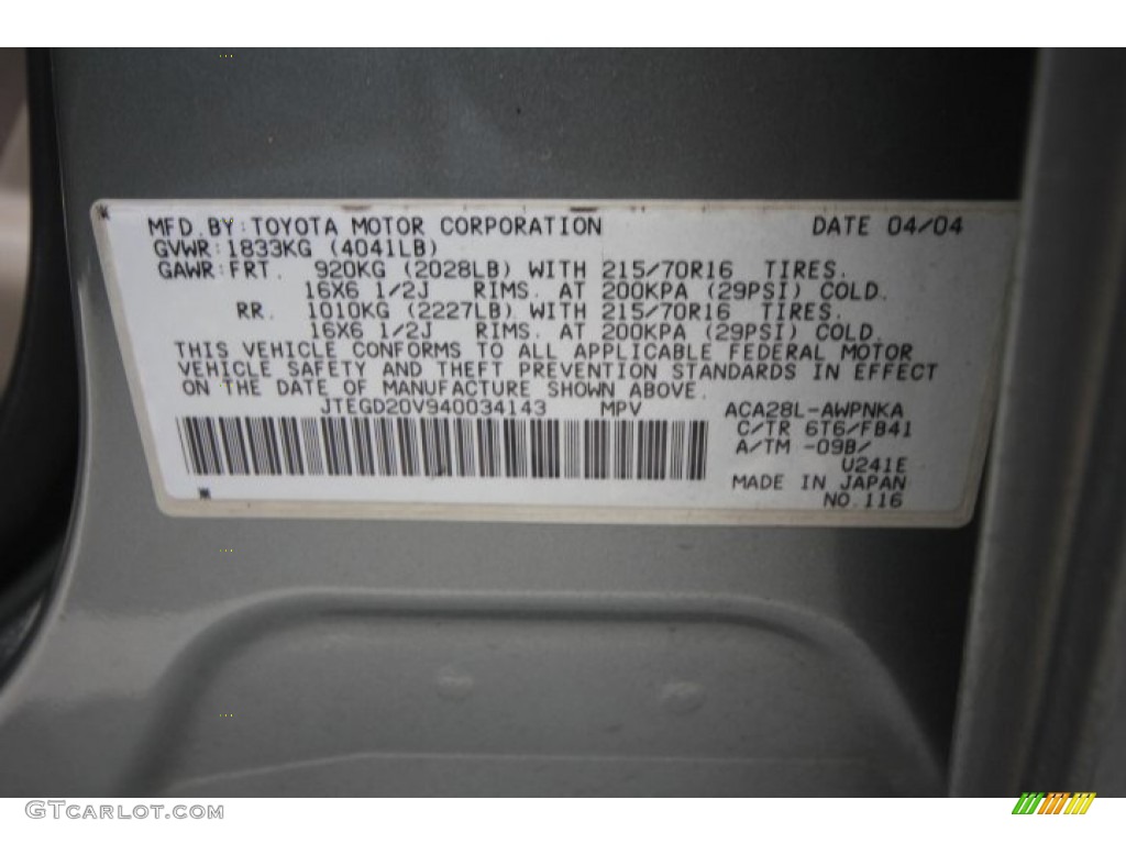 2004 Toyota RAV4 Standard RAV4 Model Color Code Photos
