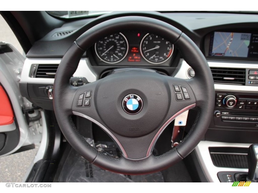 2011 BMW 3 Series 328i Convertible Coral Red/Black Dakota Leather Steering Wheel Photo #89311535