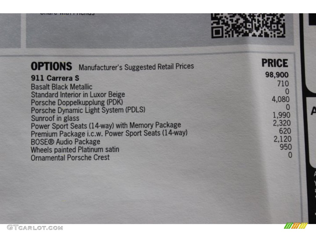 2014 Porsche 911 Carrera S Coupe Window Sticker Photo #89318342