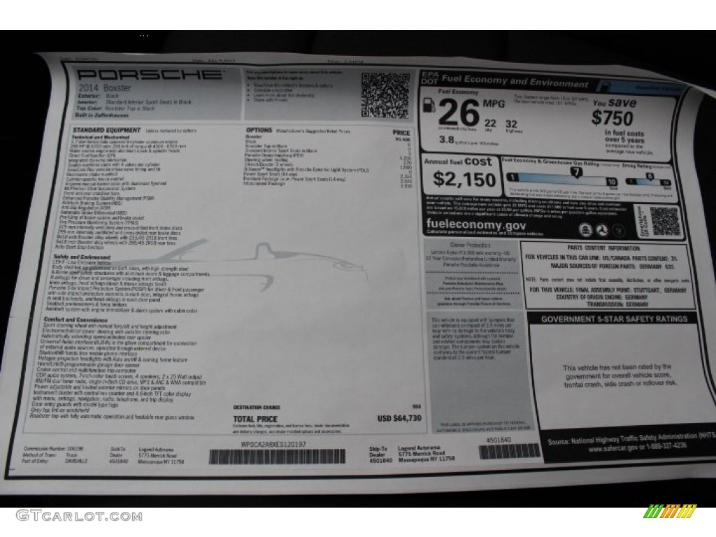 2014 Porsche Boxster Standard Boxster Model Window Sticker Photo #89318933