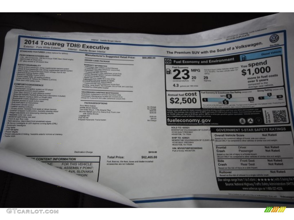 2014 Volkswagen Touareg TDI Executive 4Motion Window Sticker Photo #89341093