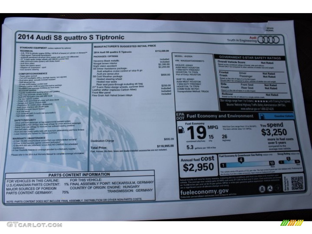 2014 Audi S8 quattro S Window Sticker Photo #89366314