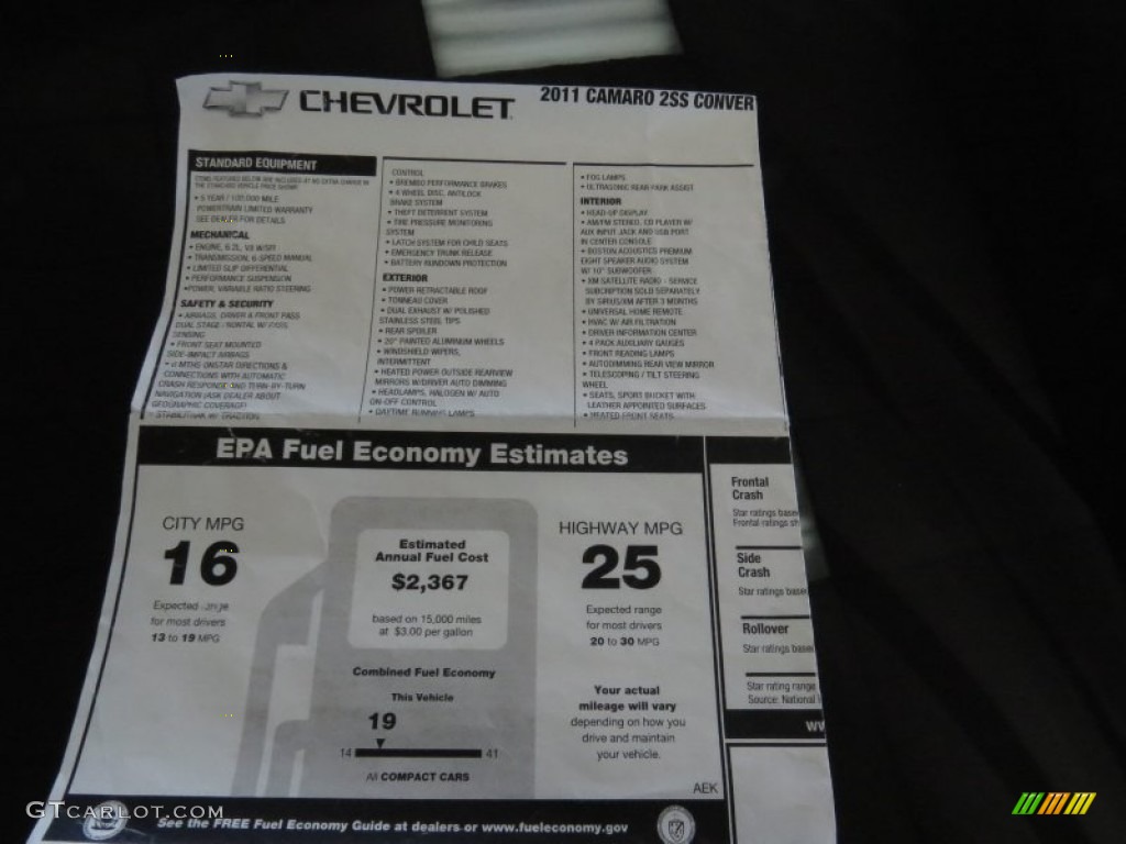 2011 Chevrolet Camaro SS/RS Convertible Window Sticker Photos