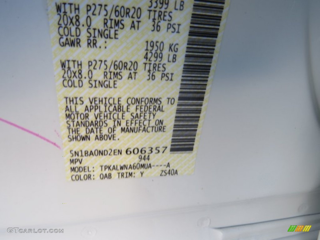 2014 Armada Color Code QAB for Pearl White Photo #89387133