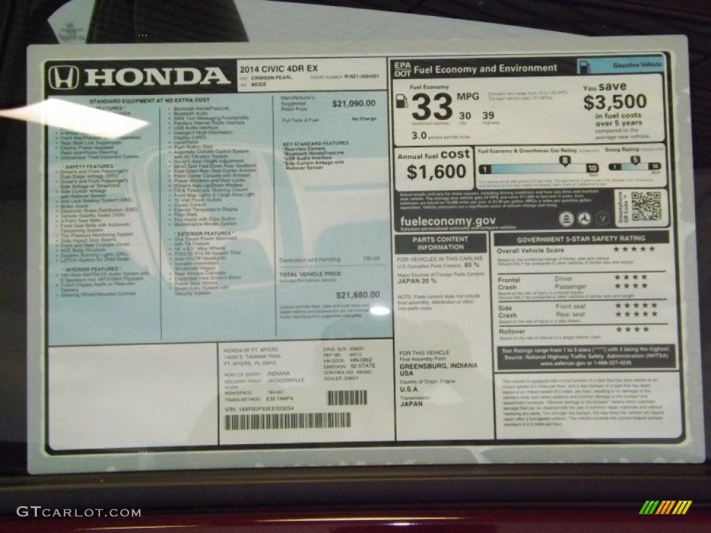 2014 Honda Civic EX Sedan Window Sticker Photo #89404500