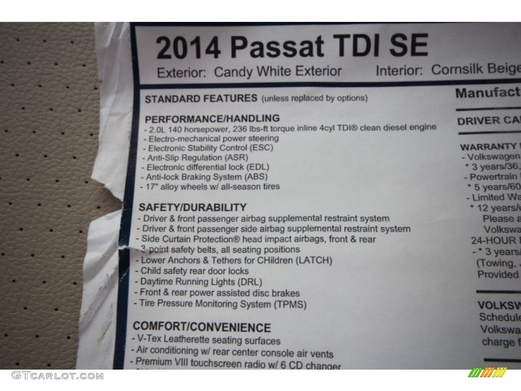 2014 Passat TDI SE - Candy White / Cornsilk Beige photo #30