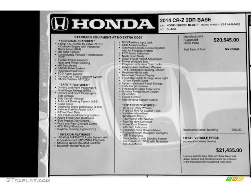 2014 Honda CR-Z Hybrid Window Sticker Photo #89423381