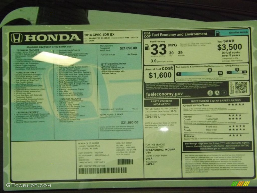 2014 Honda Civic EX Sedan Window Sticker Photo #89426513