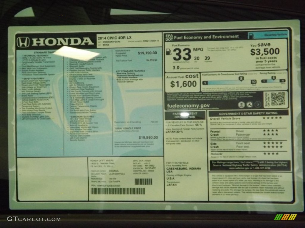 2014 Honda Civic LX Sedan Window Sticker Photo #89426972