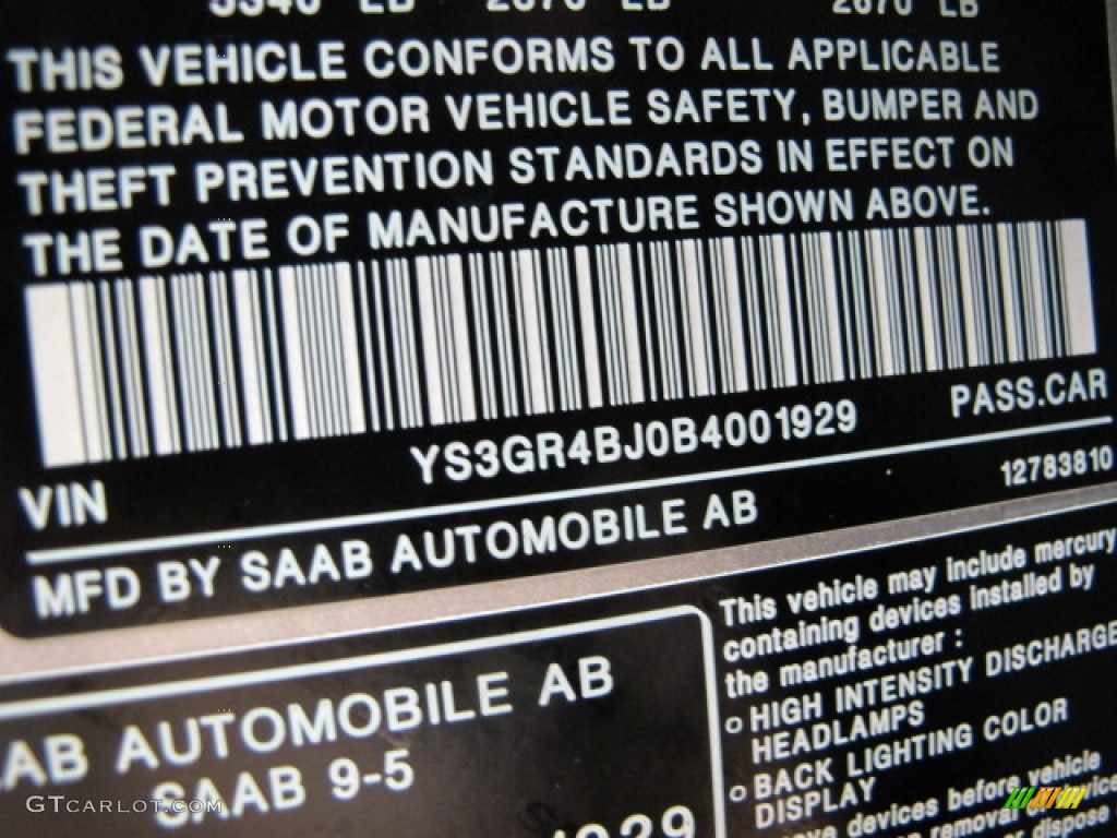 2011 Saab 9-5 Aero XWD Sedan Info Tag Photos