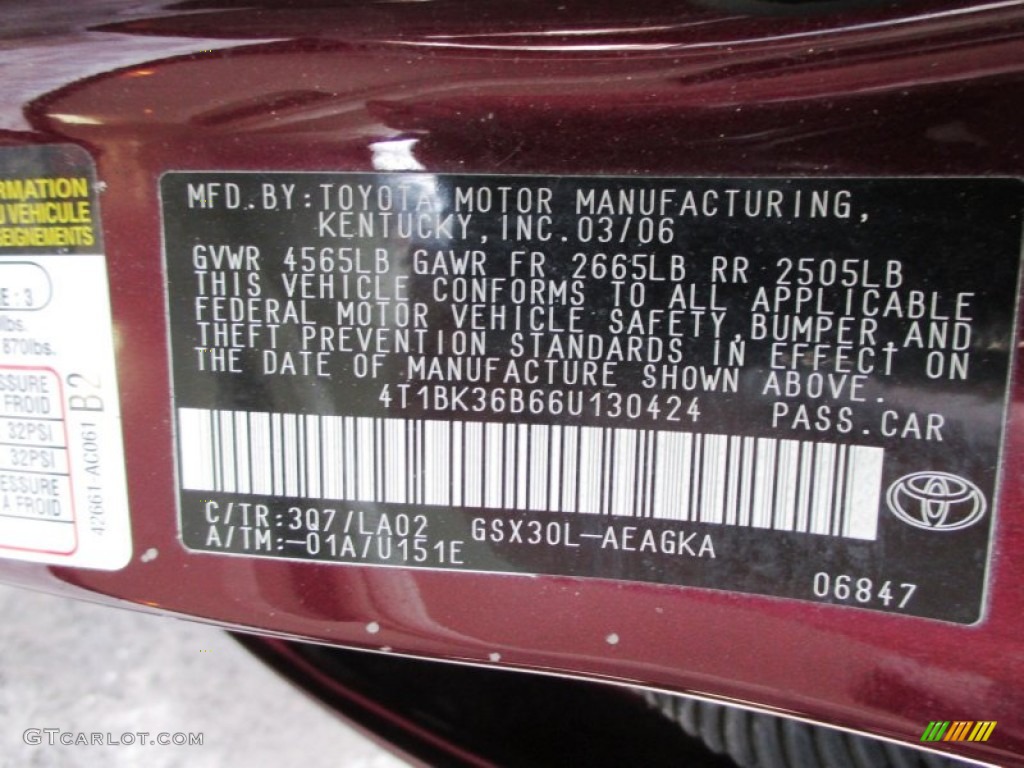 2006 Toyota Avalon XLS Color Code Photos