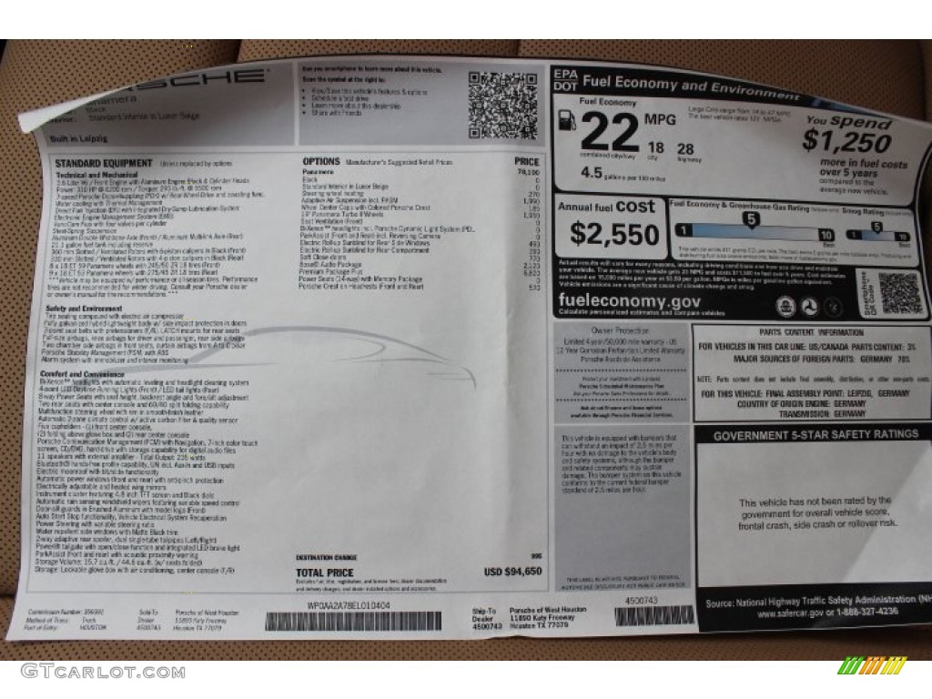 2014 Porsche Panamera Standard Panamera Model Window Sticker Photo #89491933