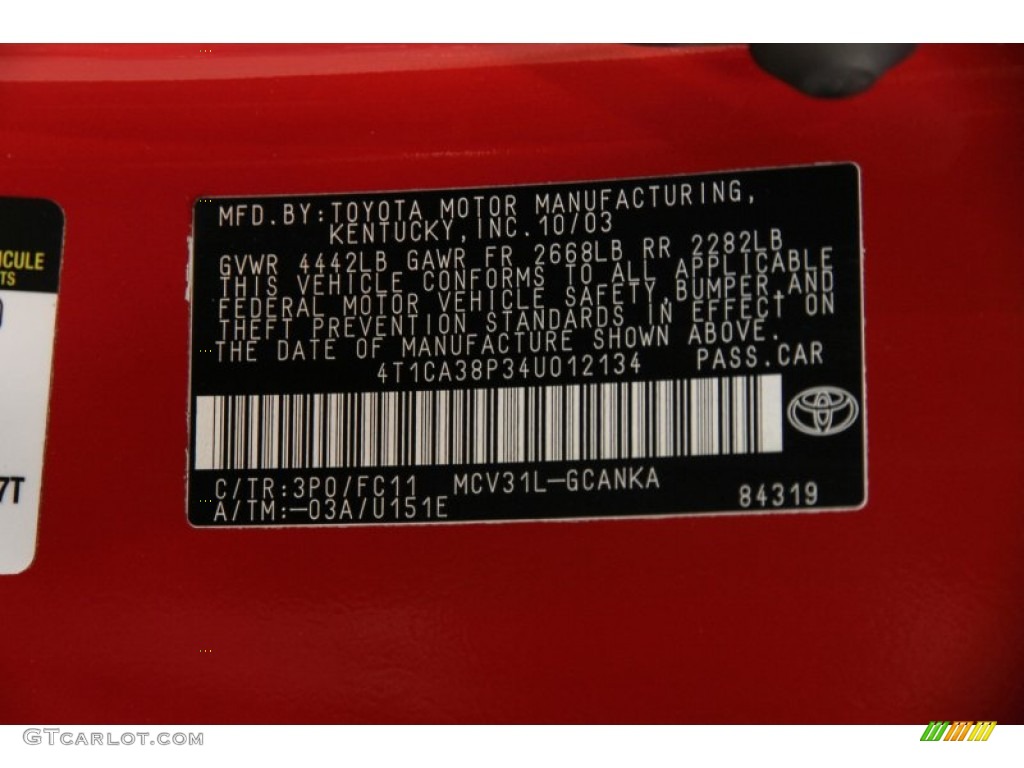 2004 Toyota Solara SE V6 Coupe Color Code Photos