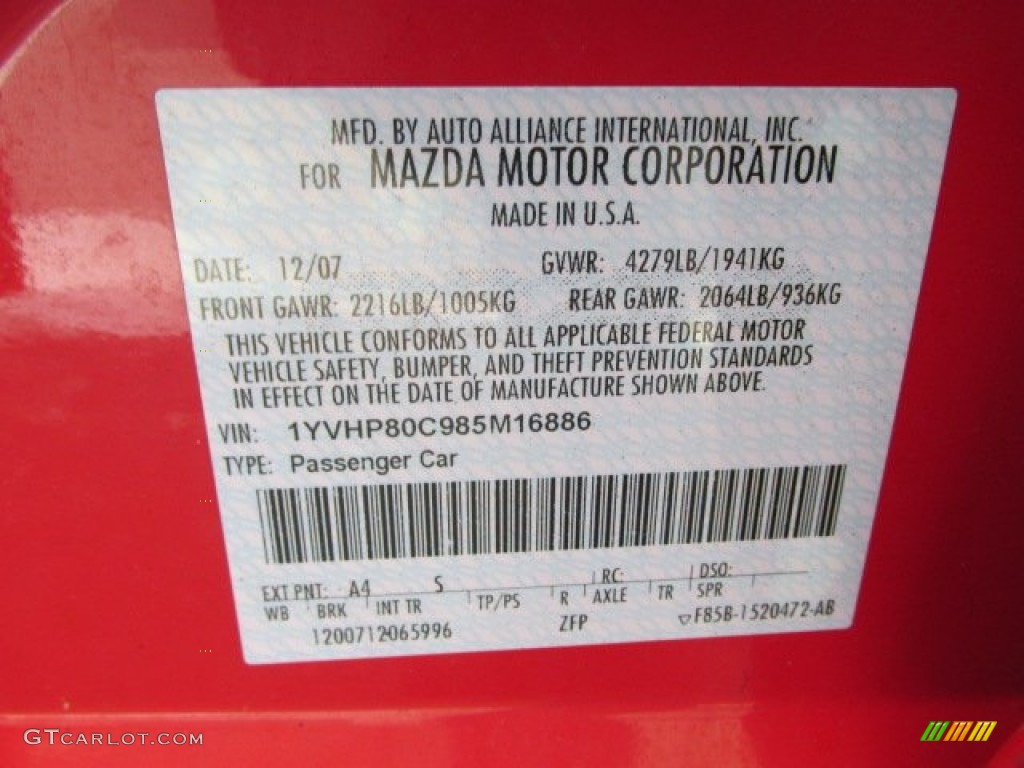 2008 MAZDA6 Color Code A4 for Volcanic Red Photo #89509768