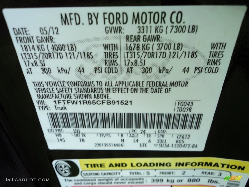 2012 Ford F150 SVT Raptor SuperCrew 4x4 Color Code Photos