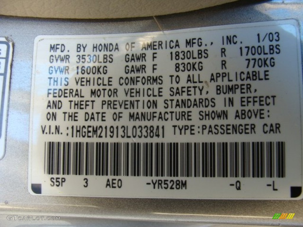 2003 Civic Color Code YR528M for Shoreline Mist Metallic Photo #89538505