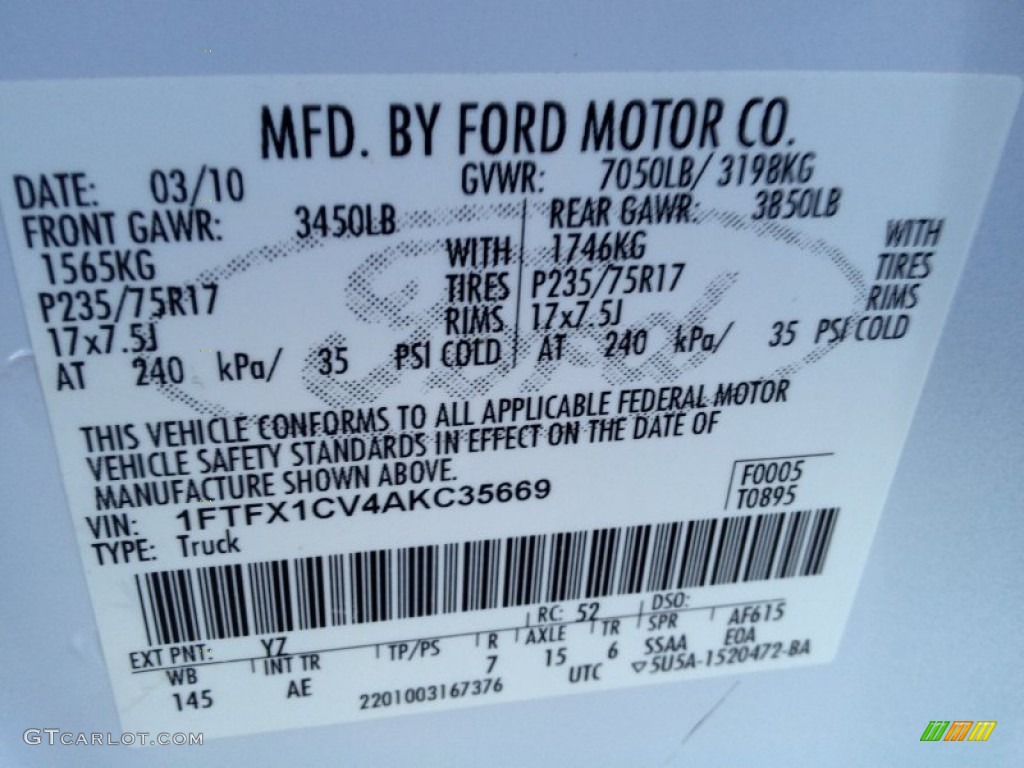 2010 Ford F150 XL SuperCab Color Code Photos
