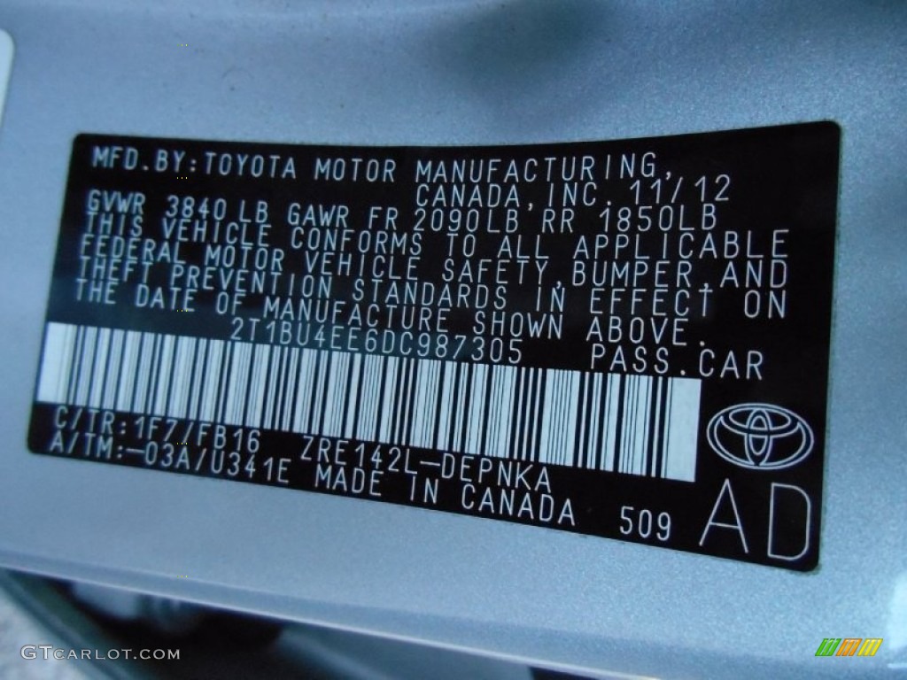 2013 Corolla Color Code 1F7 for Classic Silver Metallic Photo #89545870