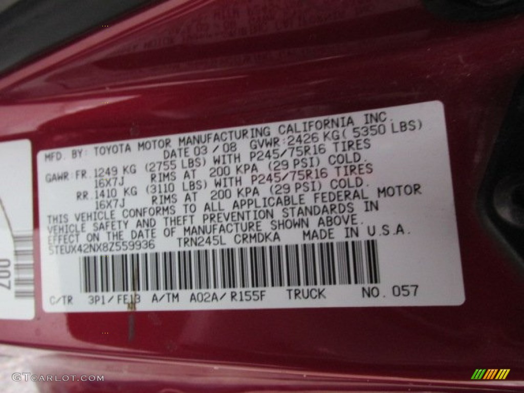 2008 Tacoma Color Code 3P1 for Impulse Red Pearl Photo #89546518