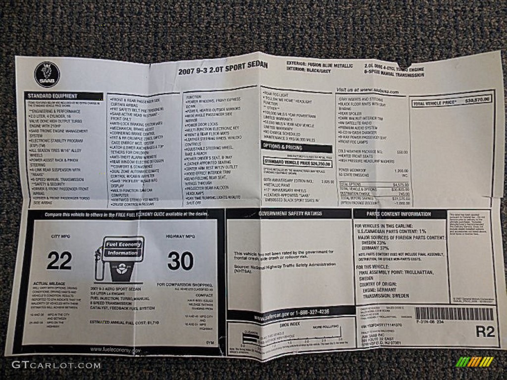 2007 Saab 9-3 2.0T Sport Sedan Window Sticker Photo #89550598