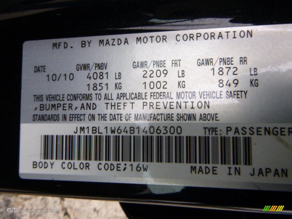 2011 MAZDA3 Color Code 16W for Black Mica Photo #89605499