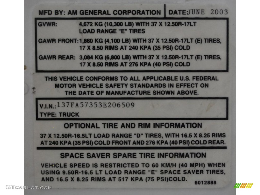 2003 Hummer H1 Wagon Info Tag Photos