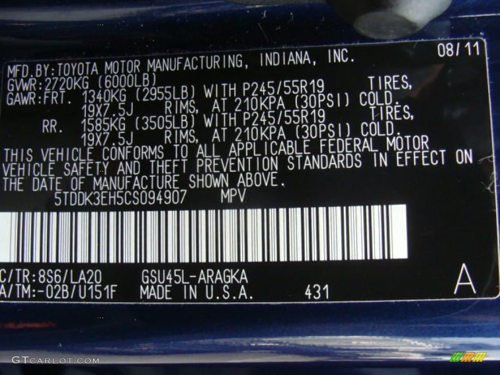2012 Highlander Color Code 8S6 for Nautical Blue Metallic Photo #89655279