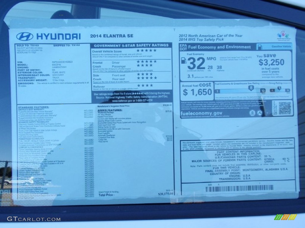 2014 Hyundai Elantra SE Sedan Window Sticker Photo #89743207