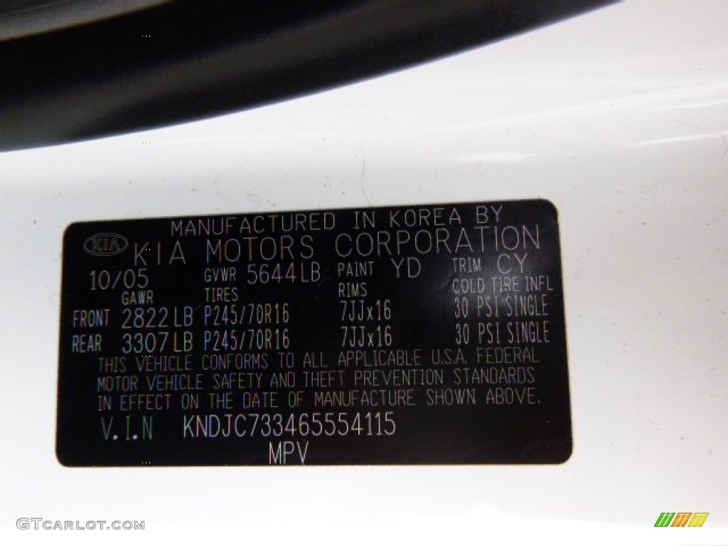 2006 Sorento Color Code YD for Clear White Photo #89769413