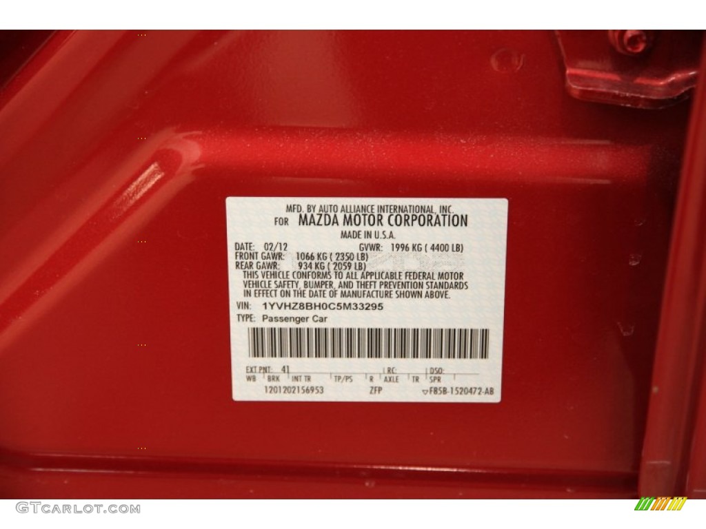 2012 MAZDA6 Color Code 41 for Fireglow Red Photo #89824598