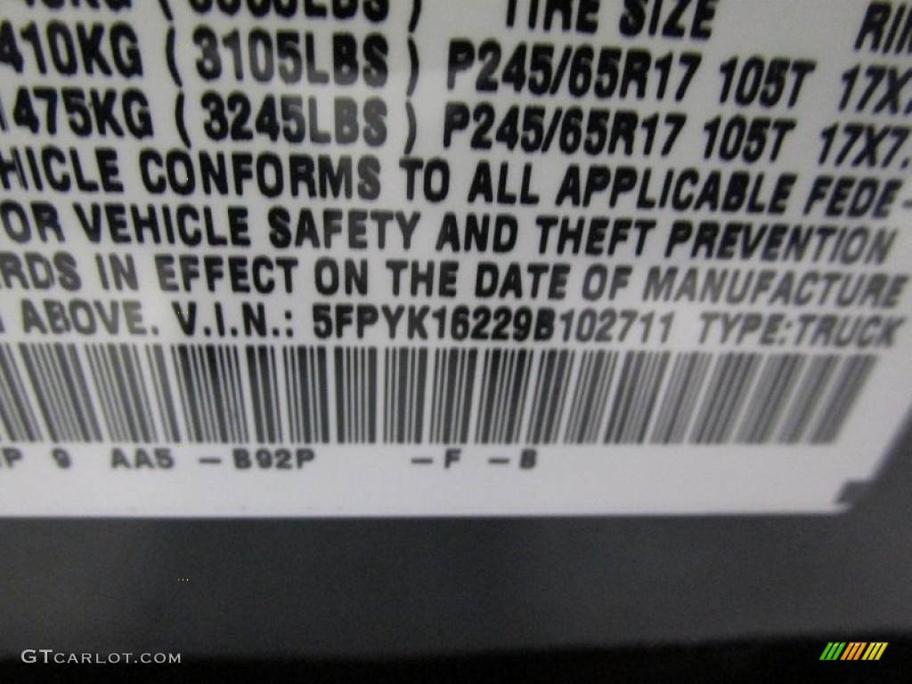 2009 Ridgeline Color Code B92P for Nighthawk Black Pearl Photo #89824601