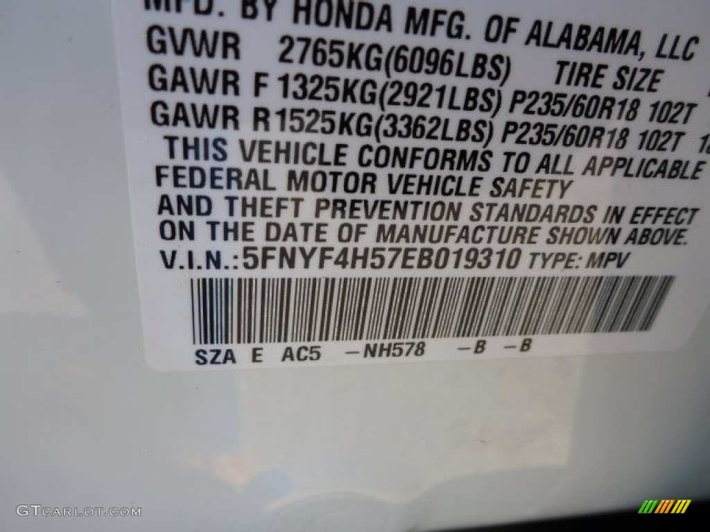 2014 Honda Pilot EX-L 4WD Color Code Photos