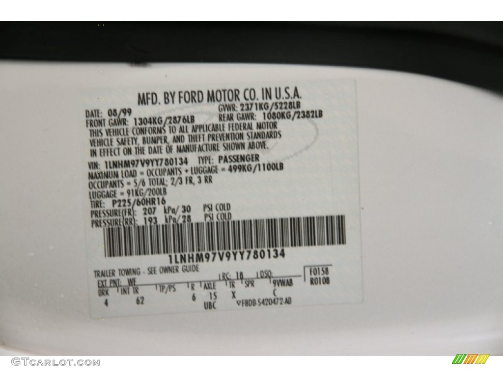 2000 Continental Color Code WF for White Pearlescent Tricoat Photo #89846417