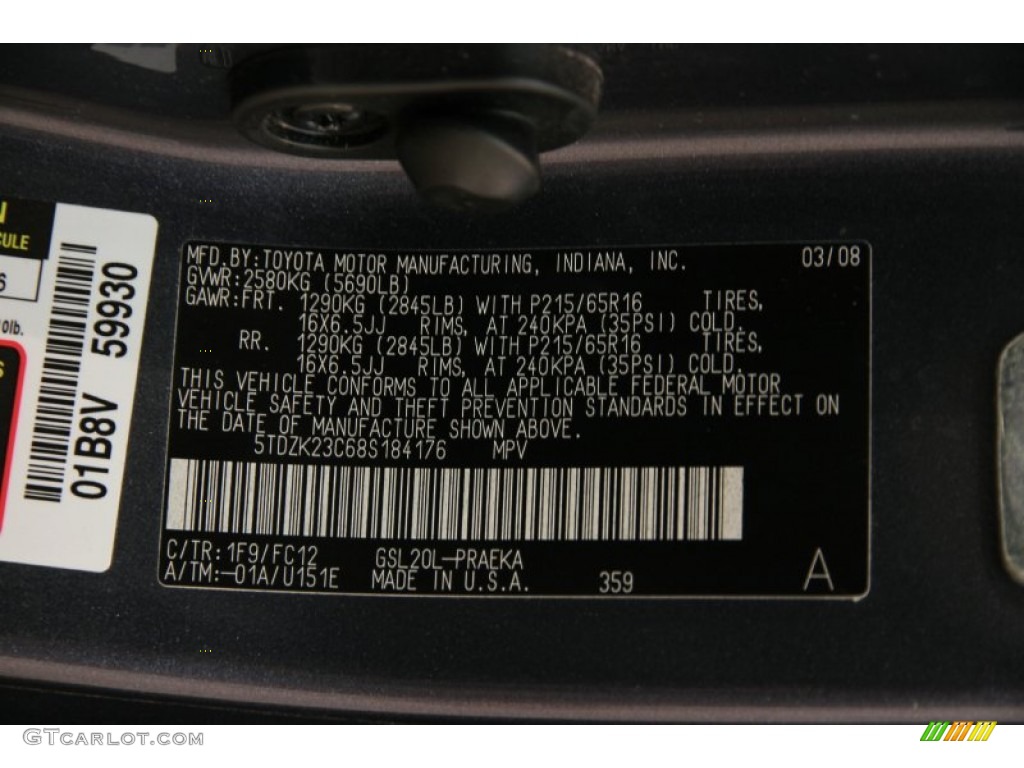 2008 Toyota Sienna LE Color Code Photos